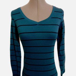 MADE 4 ME 2 V-neck Sporty T-shirt Top Jr. M Teal Black wide stripe Fitted LS